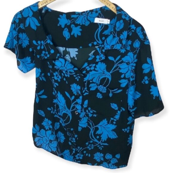 ALC 100% Silk Josephine Blue Floral Print Short Sleeve Top Size‎ 2 Off Shoulder - Picture 3 of 10